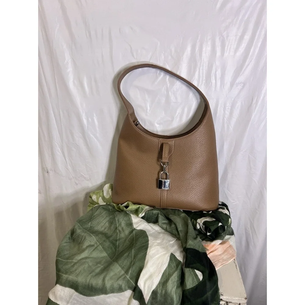 Hobo Bag Purse Brown Pebbled Leather Inside Pockets Locket